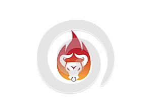 Angry bull head in fire buffalo cow flame for logo design illustration