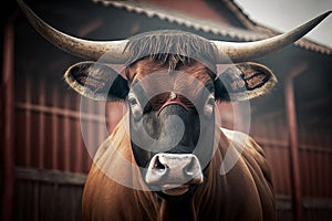 Angry bull portrait, toro en plaza de toros. Bull in the bullring. Portrait of a bull with bullring-enhance photo