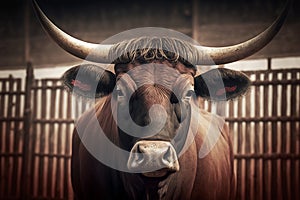 Angry bull portrait, toro en plaza de toros. Bull in the bullring. Portrait of a bull with bullring-enhance photo