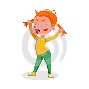 Angry Bully Girl Grimacing, Naughty Hoodlum Kid Character Cartoon Style Vector Illustration photo