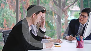 Angry business person dispute work problem in group meeting