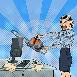 Angry Business Woman Crashes her Computer with Chainsaw. Pop Art.