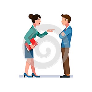 Angry business woman pointing finger at man