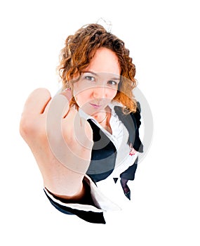 Angry business woman threatened by fist.