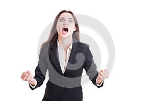 Angry business woman yelling and shouting like crazy showing rag