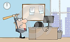 Angry businessman with bat in office