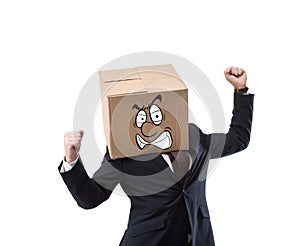 angry businessman with cardboard box on head gesturing with hands