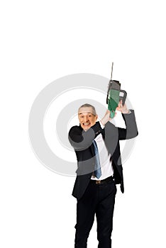 Angry businessman with chainsaw