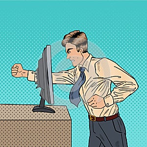 Angry Businessman Crashes Computer in Office with His Fist. Pop Art