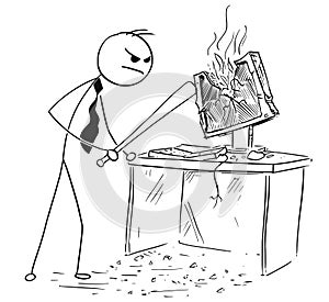 Angry Businessman Destroying Smashing Computer with Baseball Bat