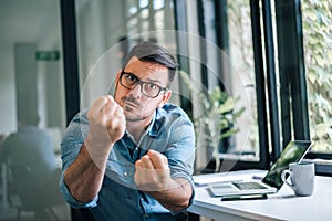 Angry businessman entrepreneur freelancer reacting to not expecting news bad not expected surprise situation suddenly lost photo