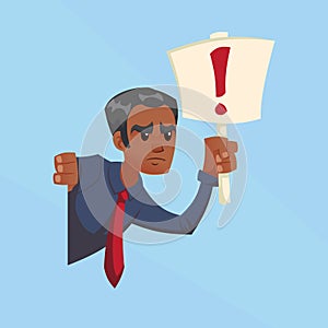 Angry businessman with exclamation mark signs peeking out the corner cartoon flat design illustration
