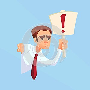 Angry businessman with exclamation mark signs peeking out the corner cartoon flat design vector illustration