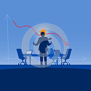Angry businessman with fire on his head in meeting room and graph down at background vector illustration with gradient shade