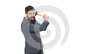 Angry businessman holding hammer studio. Businessman shouting in anger. Business problem