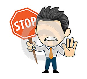 Angry businessman holding stop sign. Flat business illustration in cartoon style