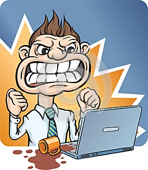 Angry Businessman Pouring Cup of Coffee on Laptop Computer