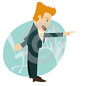 Angry businessman screaming and pointing. Flat style