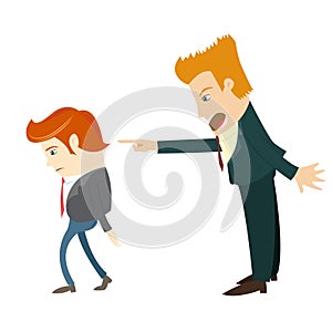 Angry businessman screaming and pointing on the manager . Flat s