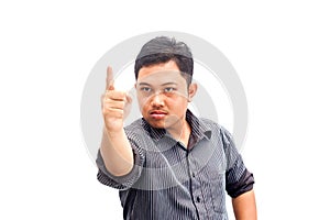 Angry businessman in suit pointing at you