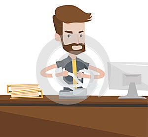 Angry businessman tearing bills or invoices.