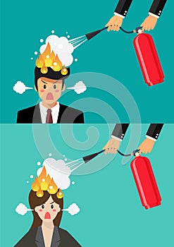 Angry businessman and woman with head on fire gets help from man with extinguisher