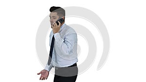 Angry businessman yelling at phone on white background.