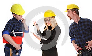 Angry businesswoman and construction workers
