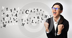 Angry businesswoman screaming, alphabet letters coming out of open mouth