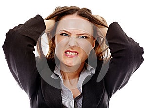 Angry businesswoman on white background