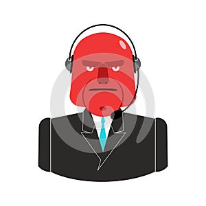 Angry call center. Red man with headset. Aggressive operator fee