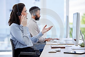 Angry, call center and woman with customer service problem and confused by client at an agency office. Glitch