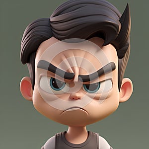 Angry cartoon boy with angry expression. 3D rendering illustration.