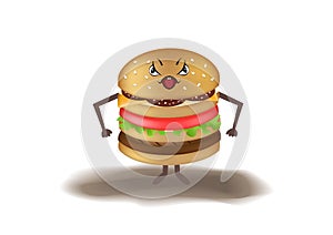 Angry cartoon burger isolated on  white background, horizontal vector illustration