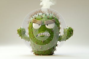Angry cartoon cactus with steam coming out, grumpy face, expressive eyebrows, and spines on a neutral background.