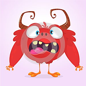 Angry cartoon furry horned monster. Halloween vector red monsterÑŽ