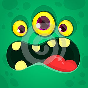 Angry cartoon green alien character face with three eyes. Vector Halloween monster avatar design