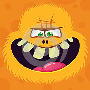 Angry cartoon hairy yeti or bigfoot face avatar. Vector Halloween monster character.