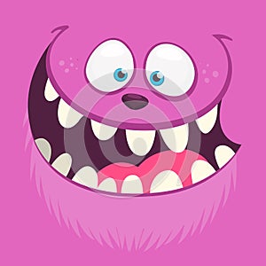 Angry cartoon monster face with a big smile. Vector Halloween pink monster illustration.