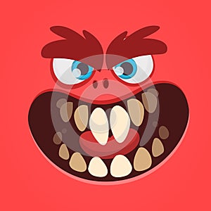 Angry cartoon monster face design. Vector Halloween red monster illustration.