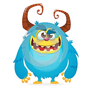 Angry cartoon monster. Halloween vector blue and horned monster. Yeti or bigfoot character.