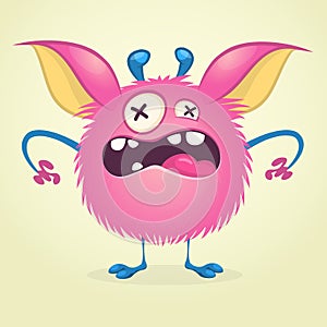 Angry cartoon monster. Vector furry pink monster character on tiny legs and big ears. Halloween design