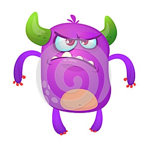 Angry cartoon monster. Violet horned monster alien with angry expression. Halloween vector illustration.