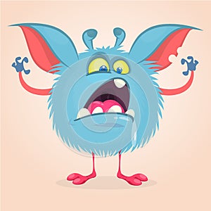 Angry cartoon monster. Yelling blue monster emotion with big mouth roars. Halloween vector illustration.