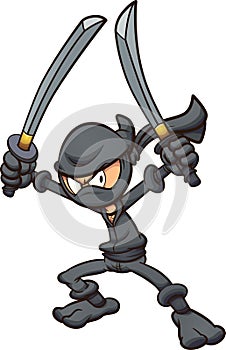 Angry cartoon ninja wielding two swords photo