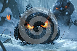 Angry Cartoon Owl in a Mystical Snowy Forest with Fiery Eyes and Creeping Shadows