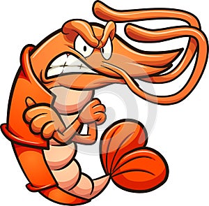 Angry cartoon shrimp with crossed arms looking at camera.