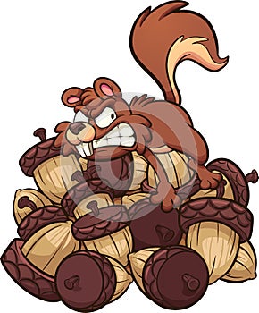 Angry cartoon squirrel hoarding a big pile of nuts