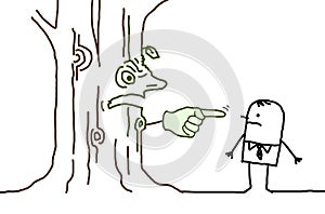 Angry Cartoon Tree Trunk Pointing Finger on a Businessman