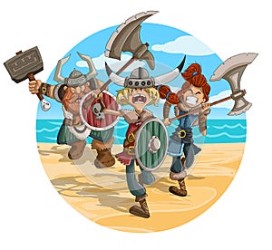 Angry cartoon vikings warriors in the attack.
